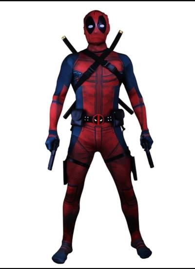 Merc with a Mouth Deadpool Референс образу: Дедпул у червоно-синьому комбінезоні з двома катанами за спиною і поясом з підсумками