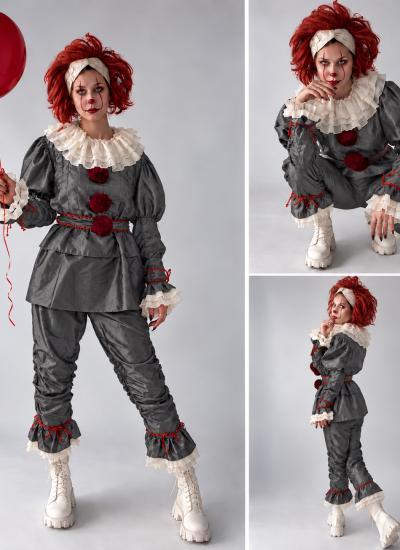 Dancing Clown Pennywise · S-M Колаж: дівчина в костюмі клоуна з «Воно» — з червоною кулькою на повний зріст, присівши і вполоборота
