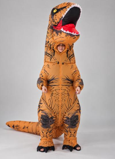 T-Rex Prehistoric Party Надувний костюм динозавра анфас: рудий тиранозавр із розкритою пащею, обличчя видно у вирізі на шиї